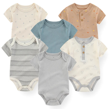 Cotton Infant Bodysuit Trio with Short Sleeves, Printed and Solid Baby One-Piece Outfits with Bottom Snaps for Boys and Girls, 3M-12M