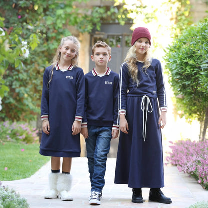 Navy Collared Kids Matching Outfits with Striped Trim, Boys Sweatshirt, Girls Dress and Skirt Set Options for Sibling Photos and Fall