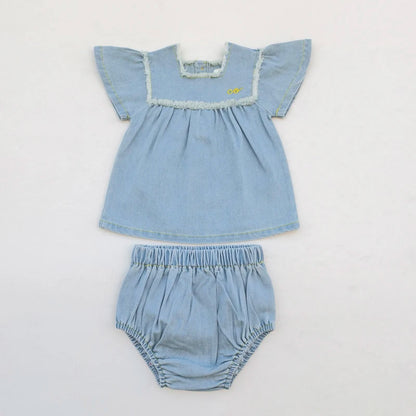 Light Blue Denim Sibling Outfits, Cotton Boys Shirts and Shorts, Girls Dresses and Skirts, Baby Rompers and Overalls for Matching Family Looks