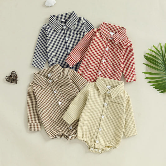 Baby Boys Plaid Romper with Long Sleeves, Button-Down Lapel Collar and Cotton Blend for Fall Outfits, Photos and Gifts, 0-18 Months