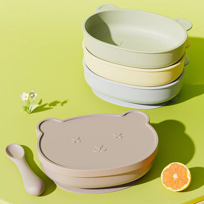 Bear-Shaped Silicone Baby Plate with Lid, Anti-Slip Feeding Dish with Raised Sides for Supervised Infant and Toddler Meals in Four Colors