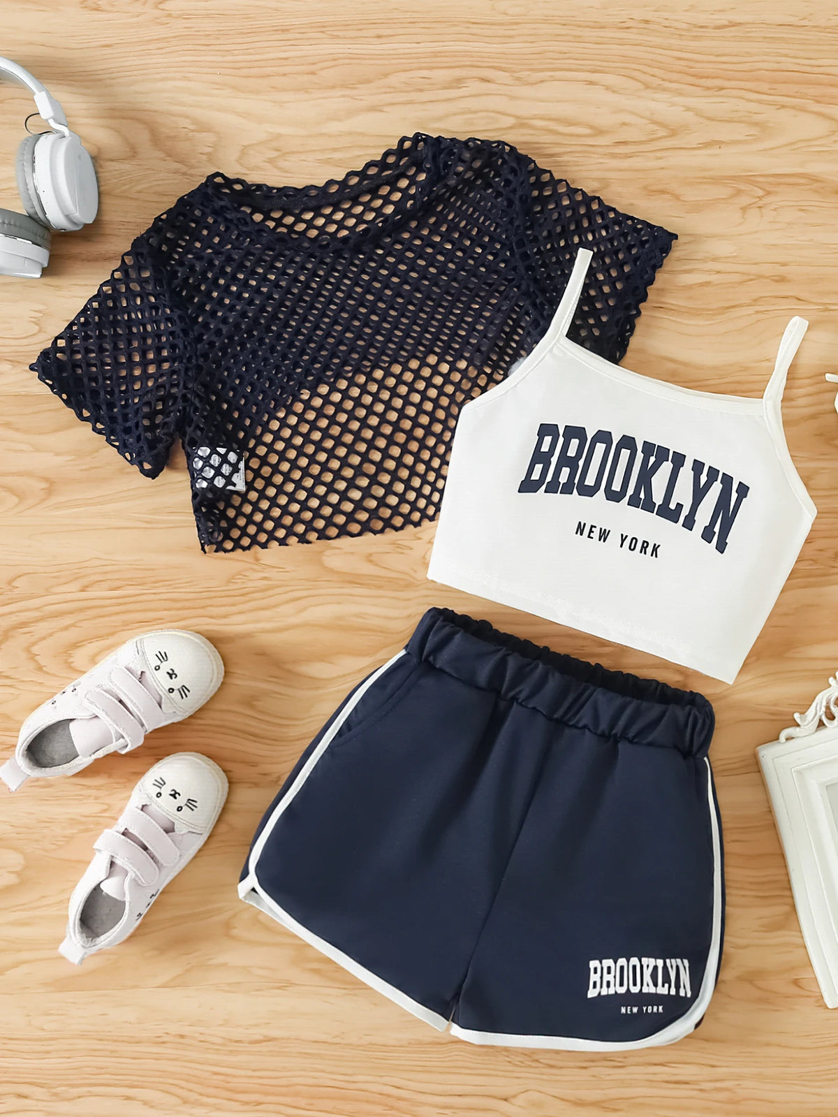 Girls Mesh Top and Shorts Outfit with Brooklyn Print Cami, Three-Piece Summer Set with Short Sleeves and Elastic Waist for Ages 8-12