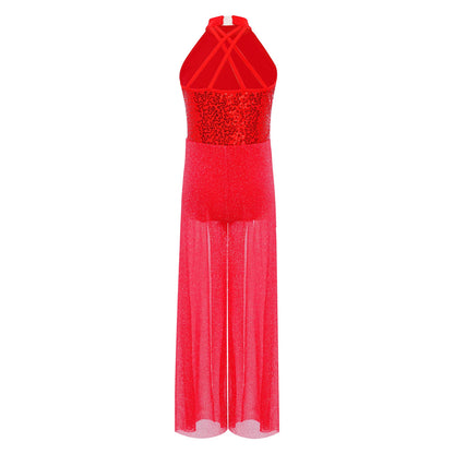 Girls Sequin Dance Jumpsuit with Split Wide-Leg Mesh, Sleeveless Mock Neck and Crisscross Back for Lyrical Recitals and Stage Performances