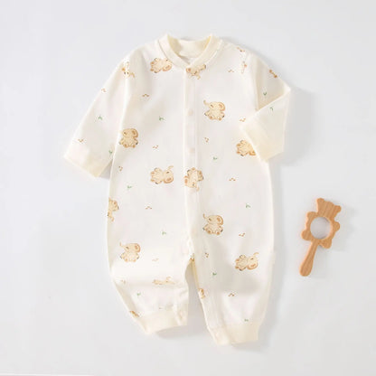 Long Sleeve Cotton Baby Romper with Front Snaps and Footless Cuffs, Animal Prints and Solid Colors for Boys and Girls, Sizes 59-90 cm