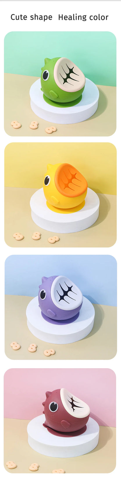 Dinosaur Silicone Suction Bowl with Slotted Snack Lid, Cartoon Baby Feeding Dish for Supervised Weaning Meals and Toddler Snacks