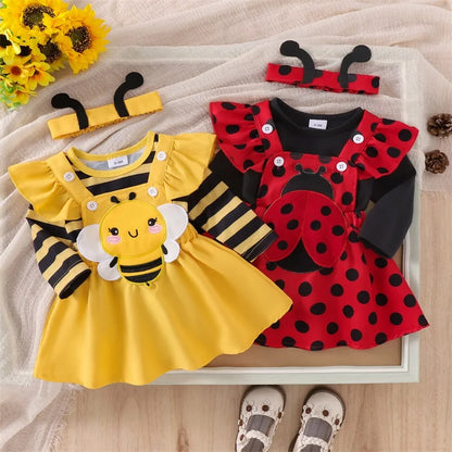 Infant Girl Bee and Ladybug Dress Set with Long Sleeve Cotton Blend Romper, Embroidered Suspender Skirt and Matching Headband, 0-18 Months
