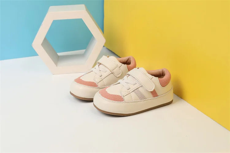 Baby Colorblock Strap Sneakers in Microfiber Leather, DIMI Low-Top Casual Shoes for Boys and Girls in Blue Pink or Brown, Spring and Fall Outfits