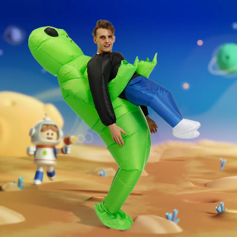 Alien Piggyback Inflatable Costume for Adults and Kids, Green Carrying Illusion Suit with Fan for Halloween, Cosplay and Stage Parties