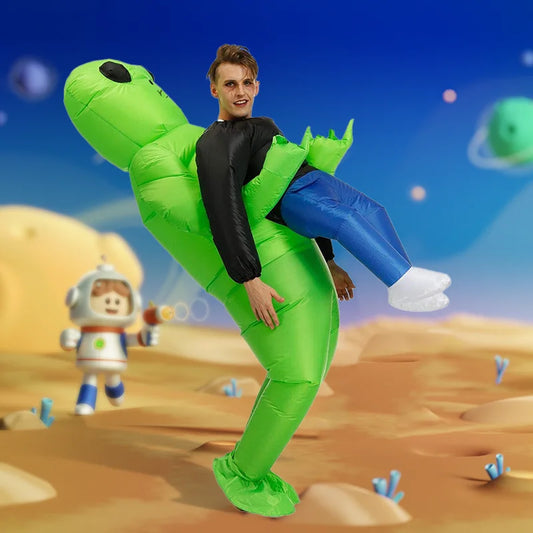 Alien Piggyback Inflatable Costume for Adults and Kids, Green Carrying Illusion Suit with Fan for Halloween, Cosplay and Stage Parties