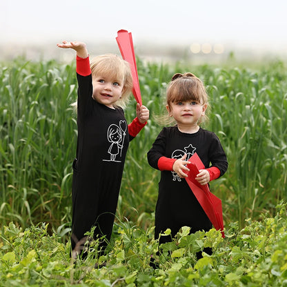 Kids Matching Pajamas with Red Cuffs and White Character Graphics, Black Sibling Outfit Styles with Two-Piece Sets, Nightgown and Footie Options
