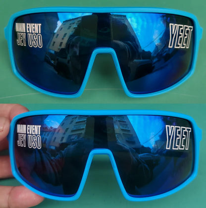 YEET Graphic Sunglasses with Jey Uso Main Event Lettering, Colorful Shield-Style Fan Shades in Children's and Adult Options for Party Outfits
