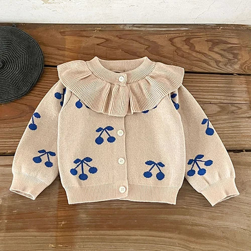 Contrast-Trim Ruffle Collar Baby Girl Cardigan Styles with Button Front and Long Sleeves, Infant and Toddler Knit Sweater Options in Sizes 3M-3T