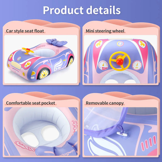 Car-Shaped Kids Pool Float Seat with Steering Wheel and Sounding Horn, Inflatable Swim Ring with Smooth Leg Openings for Supervised Summer Water Play