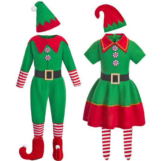 Christmas Elf Costumes for Kids and Adults, Green and Red Matching Family Dress and Pants Outfit Styles with Striped Details for Holiday Parties