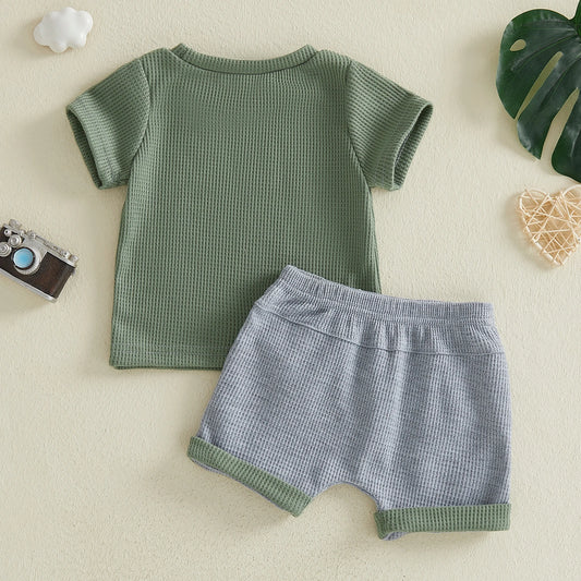 Baby Boys Mama Graphic Shorts Set, Green Short Sleeve T-Shirt and Gray Contrast Trim Shorts, Two-Piece Summer Outfit for Infants and Toddlers