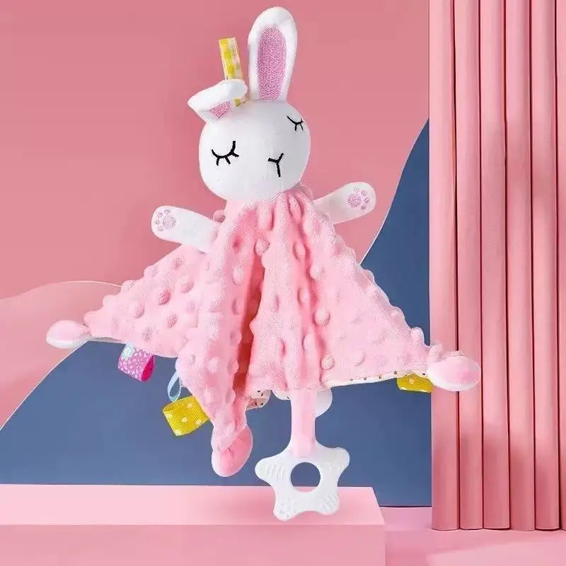 Bunny Lovey Blanket with Star-Shaped Teether, Textured Plush Rabbit Comforter and Colorful Ribbon Tags for Supervised Baby Play and Shower Gifts