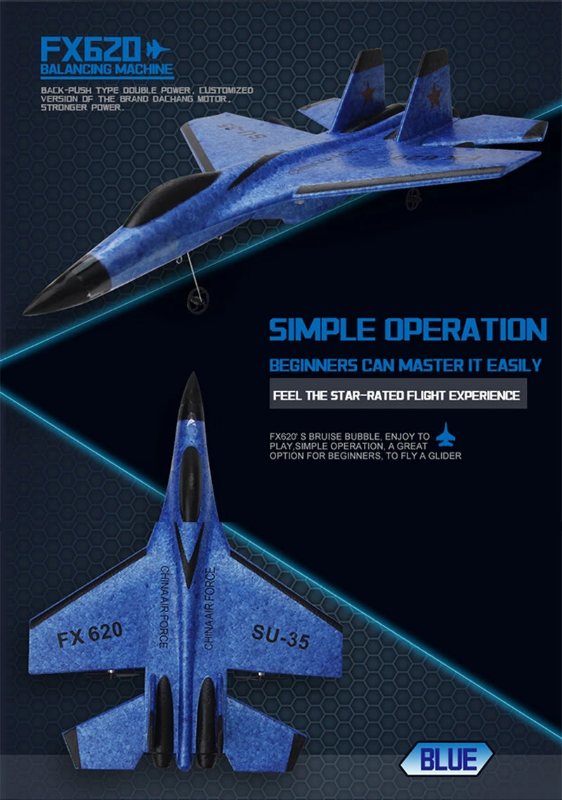 RC Airplane SU35 Fighter, Oike EPP Foam Plane with 2.4 GHz Control, Gyroscope and LED Lights for Outdoor Flying, One or Two Battery Options
