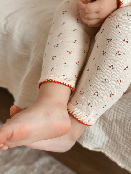 Cherry Print Girls Cotton Pajama Set, Cream Long Sleeve Top and Matching Pants with Red Picot Trim, Two-Piece Toddler Homewear, 1-6T