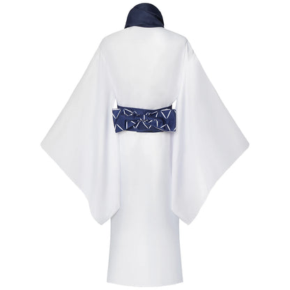 Ryomen Sukuna Cosplay Costume for Adults, White Kimono-Style Robe with Dark Trim, Neckwear and Patterned Waist Belt for Halloween and Anime Events