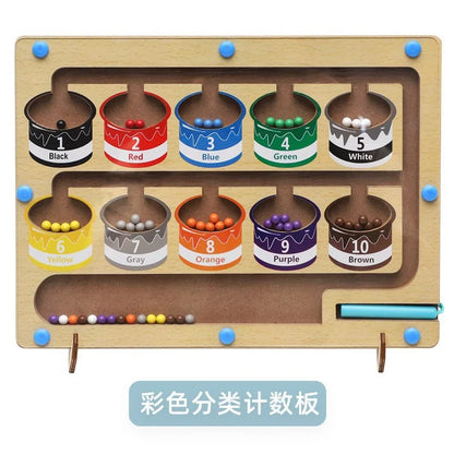 Magnetic Color Sorting Maze Board, Wooden Bead Puzzle with Tethered Wand for Montessori-Inspired Color Matching, Counting and Route Planning