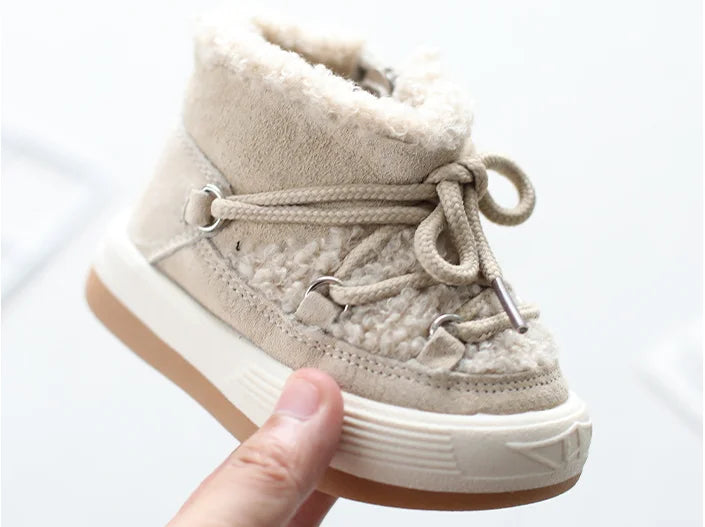 Toddler Plush Panel Lace-Up Boots with Rubber Soles and Cozy Cuffs, Beige, Black or Pink Winter Ankle Shoes for Boys and Girls, 12-15.5 cm Insoles