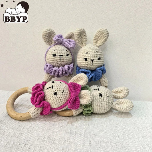 Bunny Wooden Ring Rattle with Crochet Long-Ear Rabbit Design, Single Baby Toy for Supervised Sensory Play, Nursery-Themed Gifting and Baby Showers