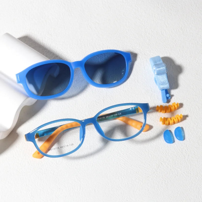 Children's 2-in-1 Sunglasses with Flexible Eyeglass Frame and Removable Sun Clip, Colorful Kids Shades for Summer Outings and Family Travel