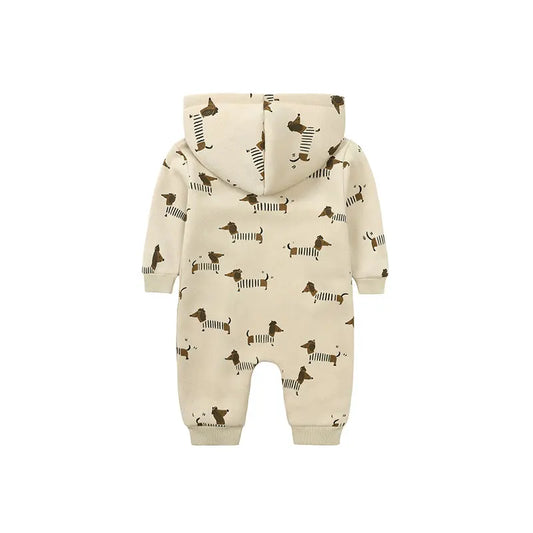 Baby Cartoon Print Zip Romper with Hood, Cotton Long Sleeve Footless Jumpsuit for Boys and Girls, Spring and Fall Outfits, 3-24 Months