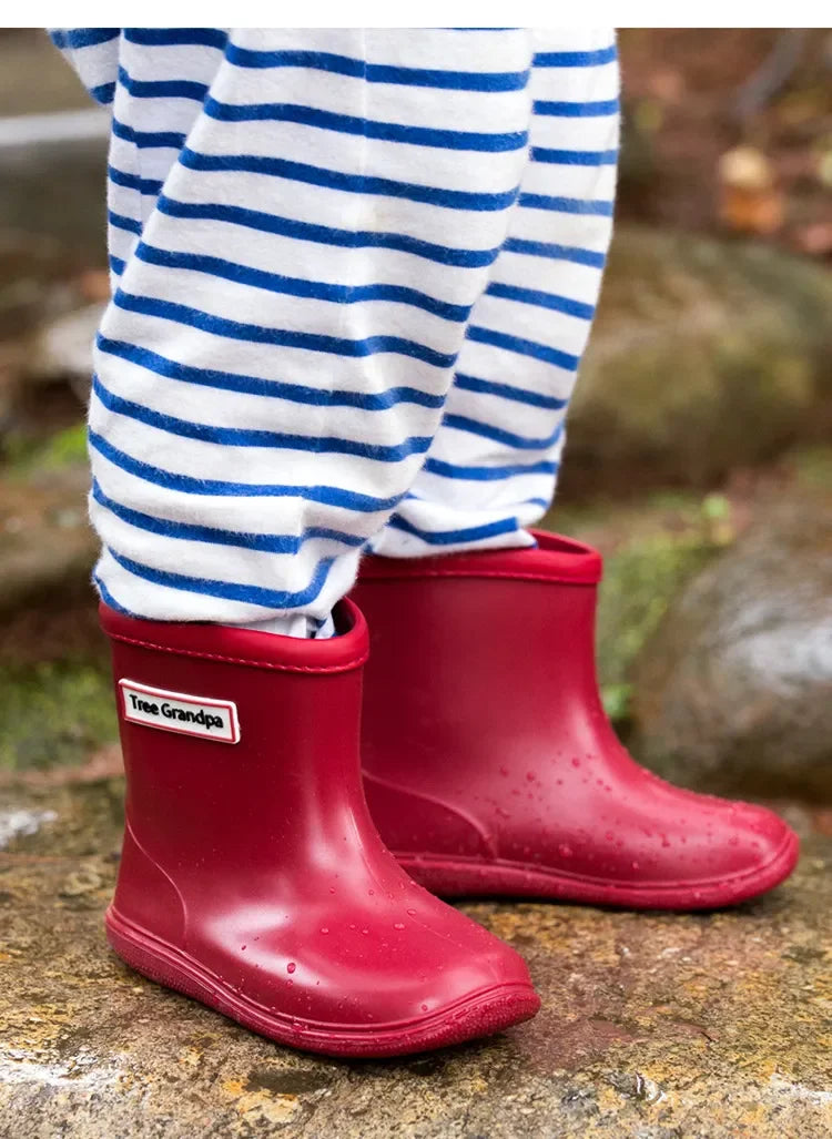 Solid Color Kids Rain Boots in PVC with Rear Pull Tabs, Mid-Calf Pull-On Rainy-Day Shoes for Boys and Girls, Eight Colors and Listed Sizes 5-12