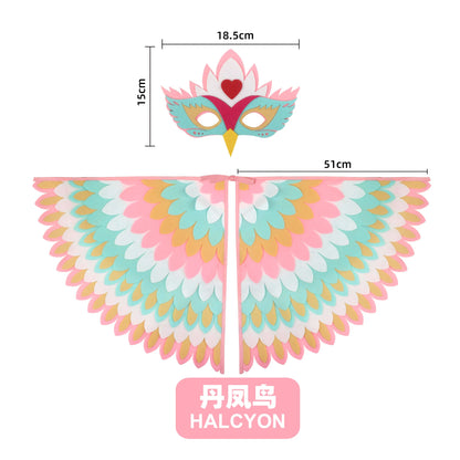 Kids Bird Wings and Mask Costume Set with Layered Felt Feather Cape, Colorful Animal Dress-Up for Halloween, Birthday Parties and Stage Performances