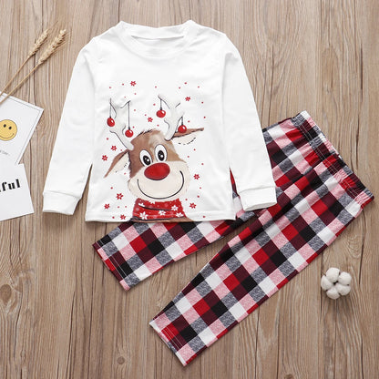 Red-Nose Reindeer Family Christmas Pajamas with White Long Sleeve Tops and Red Black Plaid Pants, Matching Mom Dad Kids Sets and Baby Jumpsuit Options