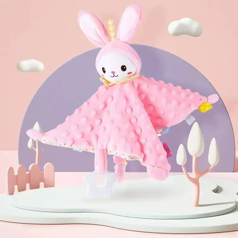 Bunny Lovey Blanket with Star-Shaped Teether, Textured Plush Rabbit Comforter and Colorful Ribbon Tags for Supervised Baby Play and Shower Gifts
