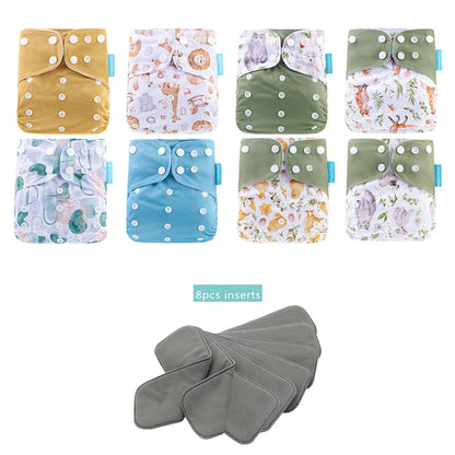 Cloth Diaper Starter Set by Happyflute, 8 Adjustable Pocket Baby Diapers with 8 Bamboo Charcoal Inserts, Washable PUL Covers and Snap Closures