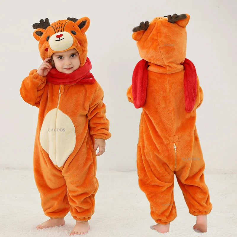 Animal Kigurumi Costume for Babies and Toddlers, Hooded Flannel Jumpsuit with Long Sleeves for Halloween Dress-Up and Family Photos