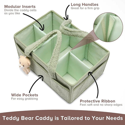 Plush Diaper Caddy with Carry Handles, Divided Compartments and Outer Pockets, Teddy Bear Nursery Organizer for Diapers and Baby Essentials