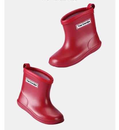 Solid Color Kids Rain Boots in PVC with Rear Pull Tabs, Mid-Calf Pull-On Rainy-Day Shoes for Boys and Girls, Eight Colors and Listed Sizes 5-12