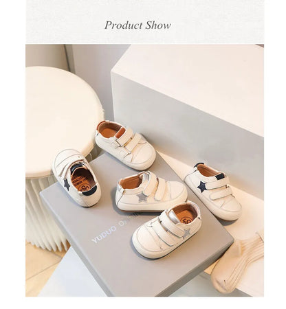 Toddler Star Sneakers with Double Hook-and-Loop Straps, Microfiber Leather Baby Boys and Girls Casual Shoes in Red Silver or Dark Blue, Sizes 15-27