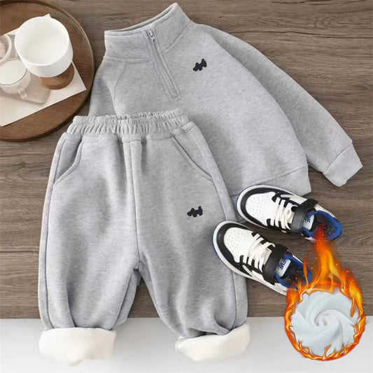 Kids Fleece Outfit Set with Half Zip Sweatshirt and Matching Pants in Grey or Navy, Long Sleeve Casual Clothing for Boys and Girls in Sizes 2T-14