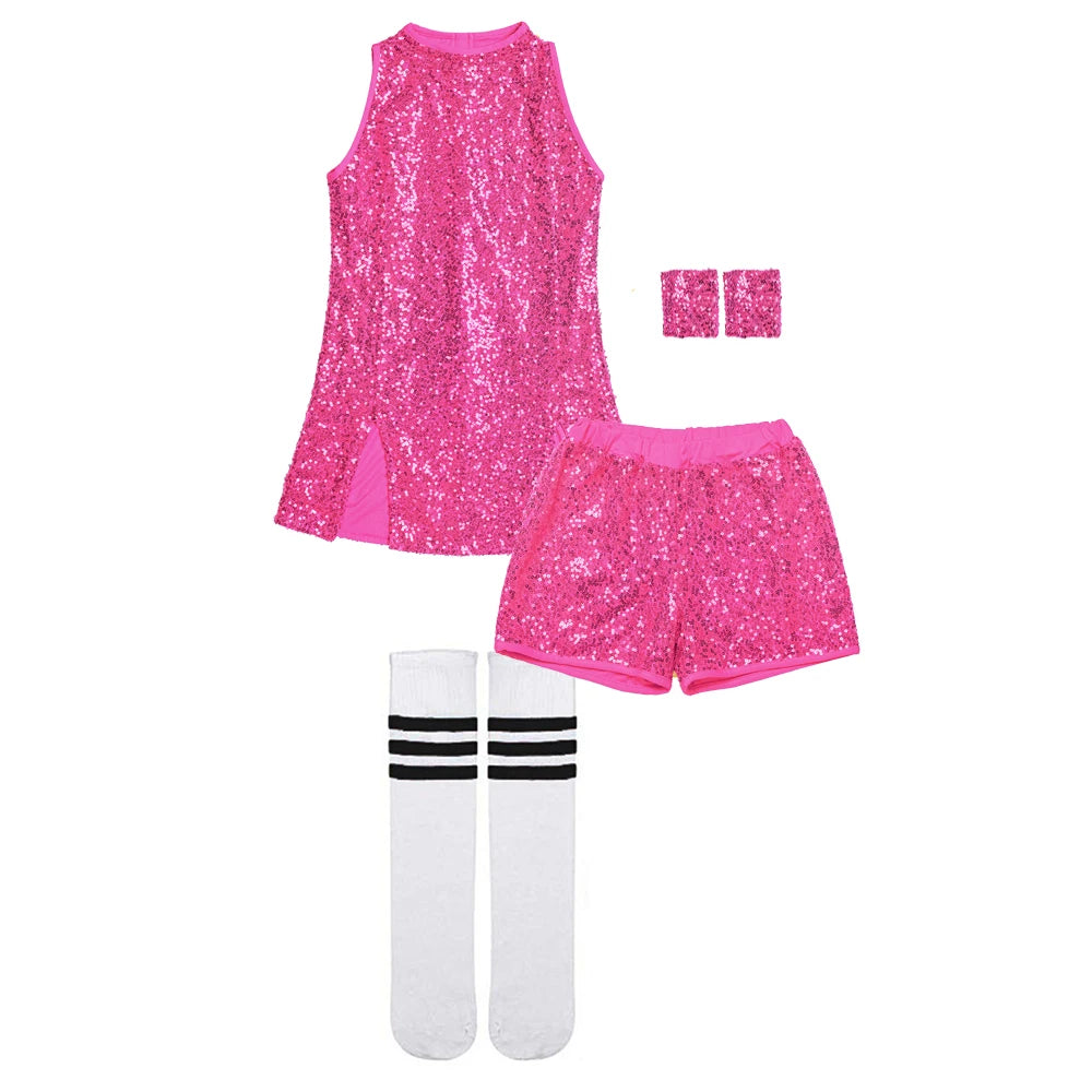 Girls Sequin Jazz Dance Costume with Sleeveless A-Line Dress, Shorts, Socks and Wristbands, Sparkly Hip Hop Stage Outfit for Ages 4-12