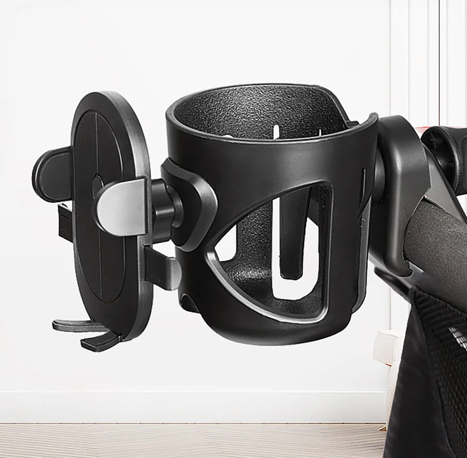 Stroller Drink and Phone Holder with Handlebar Clamp, Black Cup and Bottle Organizer with Separate Phone Cradle for Parent Walks and Family Outings