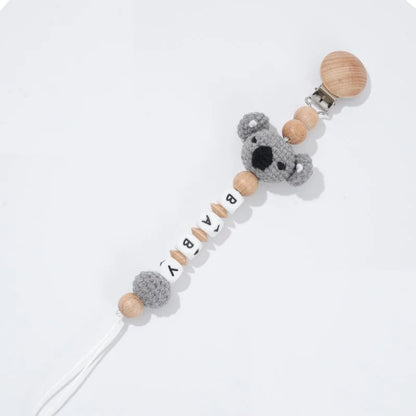Custom Name Pacifier Clip with Crochet Animal Detail, Beech Wood Holder and Letter Beads, Personalized Baby Shower Gift for Everyday Outings