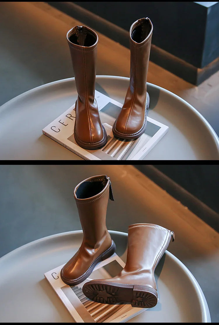 Back-Zip Girls Tall Boots in PU with Round Toes and Minimalist Styling, Khaki, Beige or Black Fashion Shoes for Spring and Autumn, Sizes 26-36