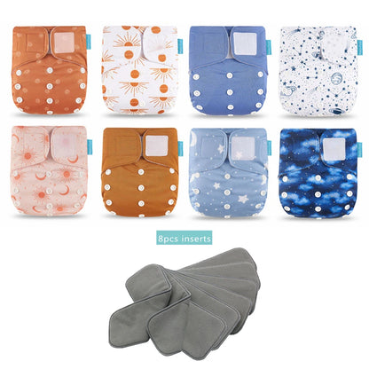 Cloth Diaper Starter Set by Happyflute, 8 Adjustable Pocket Baby Diapers with 8 Bamboo Charcoal Inserts, Washable PUL Covers and Snap Closures