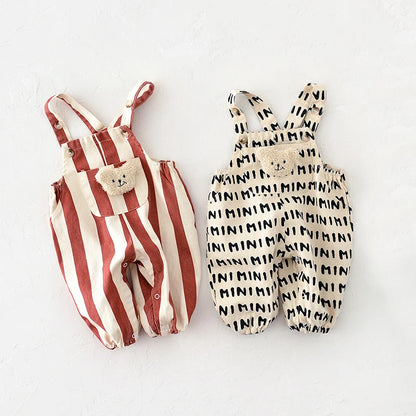 Baby Bear Patch Overalls with Red Stripe or Beige MINI Print, Button Shoulder Straps and Snap Legs, Loose-Fit Infant Jumpsuit for Boys and Girls