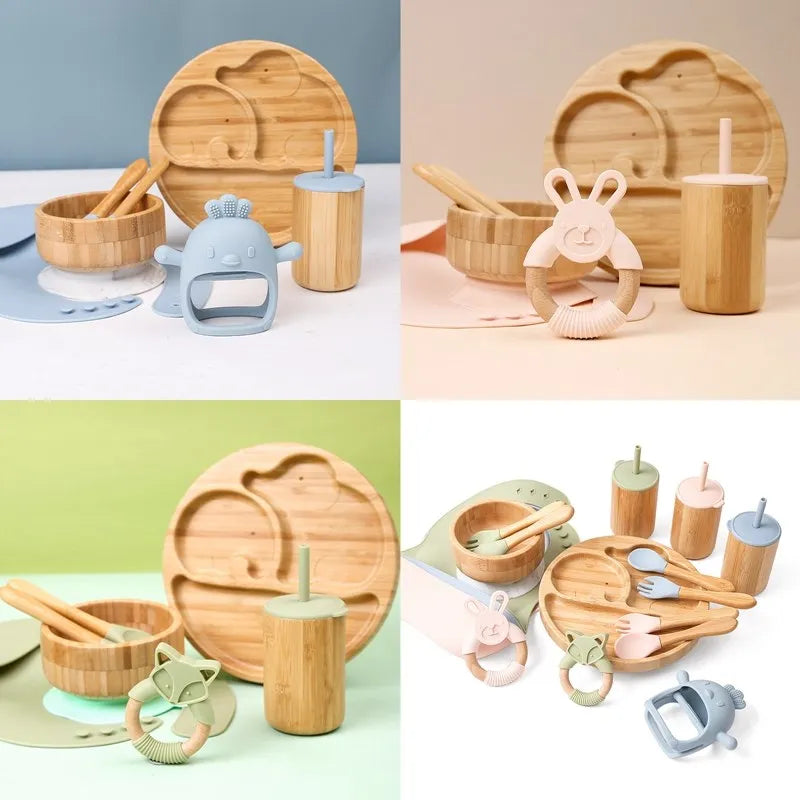 Bamboo Baby Tableware Set with Animal Plate Designs, Bowl, Cup and Wooden-Handle Utensil Options for Supervised Infant and Toddler Mealtimes