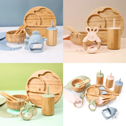 Bamboo Baby Tableware Set with Animal Plate Designs, Bowl, Cup and Wooden-Handle Utensil Options for Supervised Infant and Toddler Mealtimes