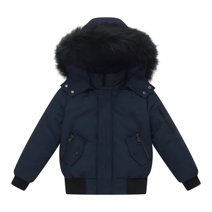 Kids Down Winter Coats with Fur-Trimmed Hoods, Black or Navy Short Bomber and Long Parka Styles for Boys and Girls, Child and Teen Size Options
