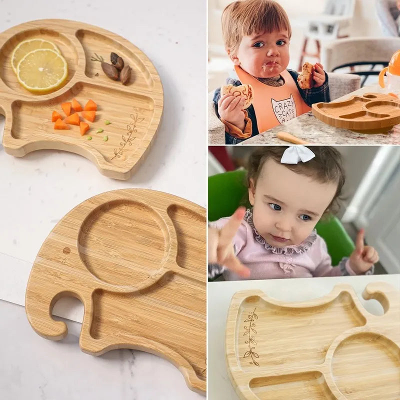 Bamboo Baby Tableware Set with Animal Plate Designs, Bowl, Cup and Wooden-Handle Utensil Options for Supervised Infant and Toddler Mealtimes