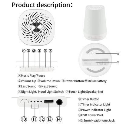 28-Sound White Noise Machine with Colorful Night Light, 1800mAh USB-C Rechargeable Battery and 30/60/90-Minute Timer for Nursery and Travel