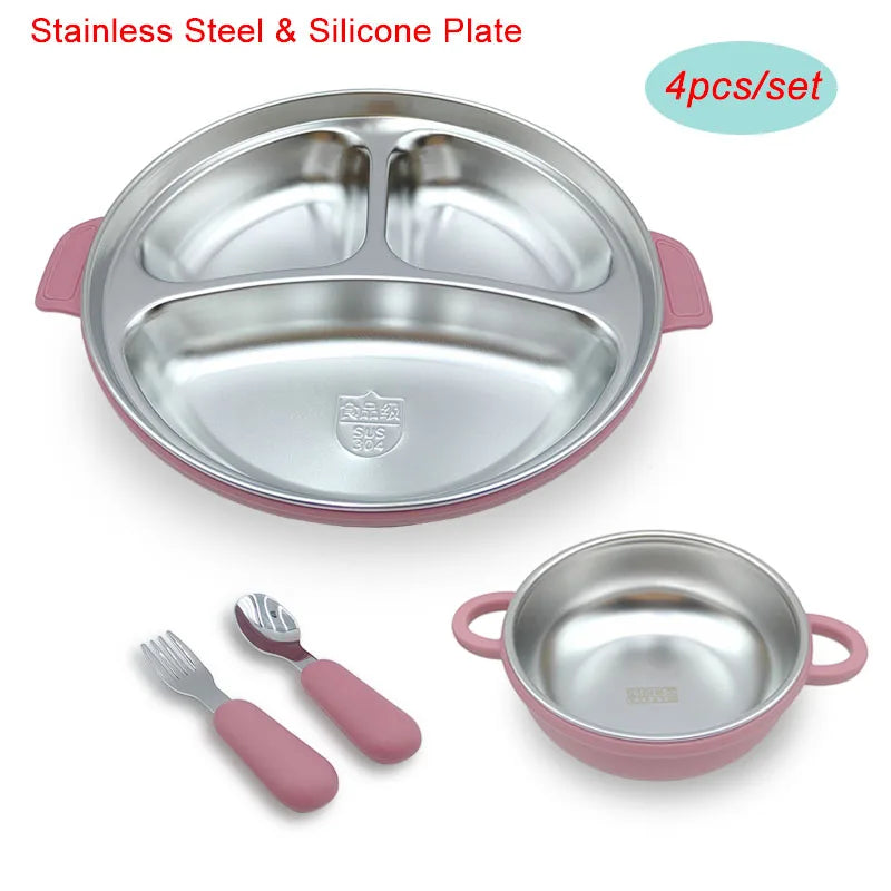 Stainless Steel Baby Feeding Set, 4-Piece Tableware with Three-Section Suction Plate, Handled Bowl, Spoon and Fork in Four Colors